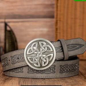 Men’s- grey leather belt and buckle with Celtic designs-